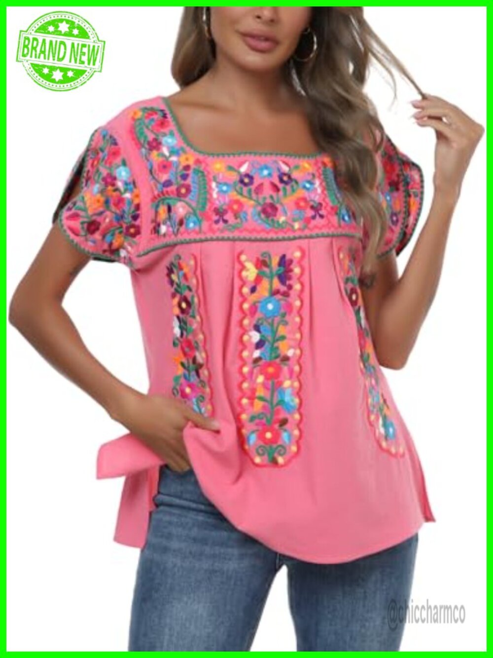 Embroidered Peasant Tunic Top Cotton Boho Summer Blouse